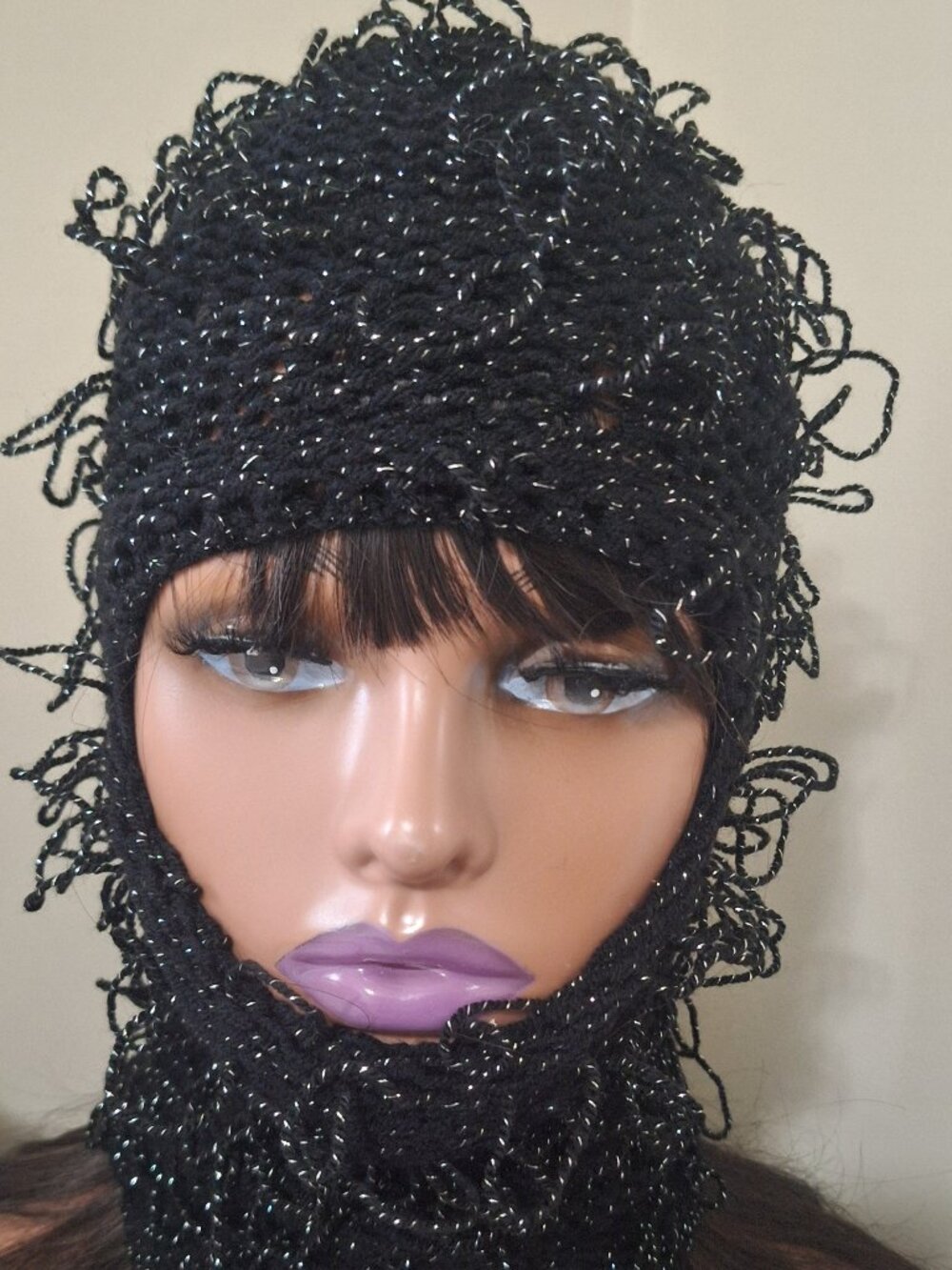 Handmade Black Textured Knit Balaclava Hood Acrylic Blend